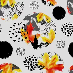 Poster Autumn leaves in circles, watercolor seamless pattern. © Tanya Syrytsyna