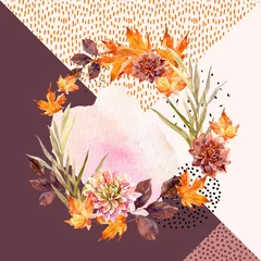 Crédence de cuisine en plexiglas Impressions graphiques Autumn watercolor wreath on geometric background with flowers, leaves, doodles.