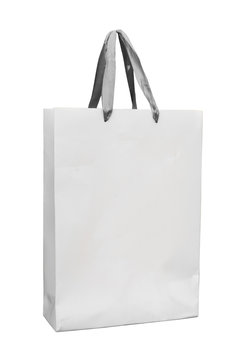 Big white paper bag with satin ribbon handles