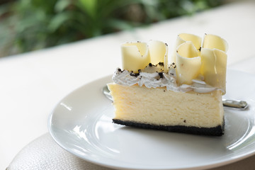 delicious white chocolate cake. tasty dessert on white plate. homemade bakery pastry