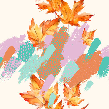 Autumn watercolor leaves on colorful splatter background