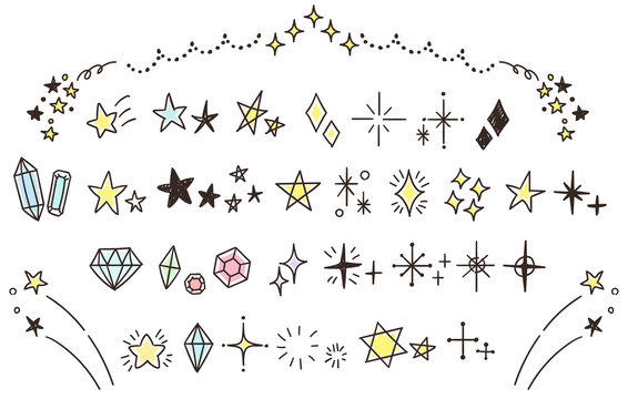 キラキラ・星のかわいい手描きアイコンのセット（カラー）