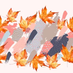 Foto op Canvas Autumn watercolor leaves on colorful splatter background © Tanya Syrytsyna