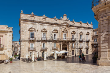 Fototapeta premium Siracusa (Sicily, Italy) - View of Piazza Duomo in ancient island of Ortigia, Palazzo Beneventano