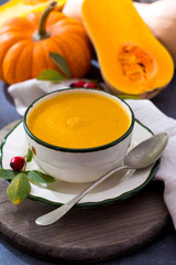 Homemade cream soup made from fresh ripe bottle gourd pumpkin