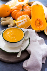 Homemade cream soup made from fresh ripe bottle gourd pumpkin