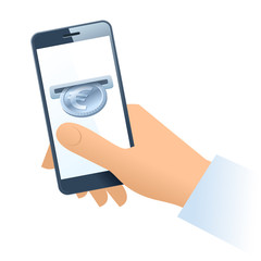 A human hand holding a mobile phone. A coin slot with silver euro is inserting at the screen. Money, banking, online payment, buying, cash concept. Vector flat illustration of hand, phone, euro.