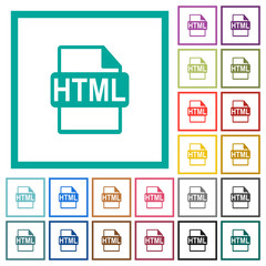 HTML file format flat color icons with quadrant frames