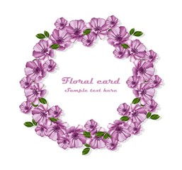 Purple flowers wreath Vector card frame illustration