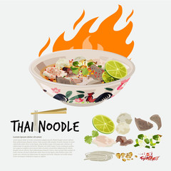 thai noodle in chicken Thai style bowl with ingredient graphic element - vector illustration