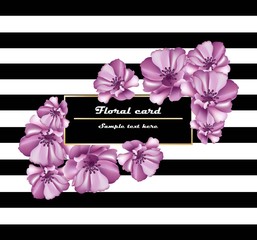 Purple flowers Vector card frame on striped background. Delicate decor