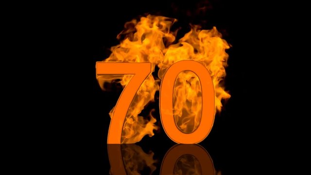 Flaming Number Seventy Burning in Orange Fire Centred on Black Background as 3D rendering