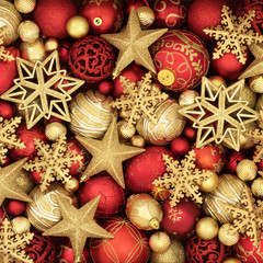 Fototapeta na wymiar Christmas red and gold bauble decorations forming a festive background.