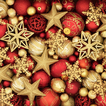 Christmas Red And Gold Bauble Decorations Forming A Festive Background.