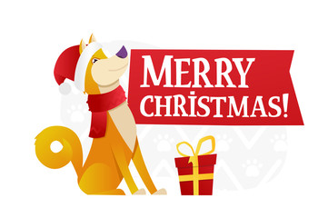 Merry Christmas postcard template with the cute yellow dog with the red gift on white background. The dog cartoon character vector flat illustration.