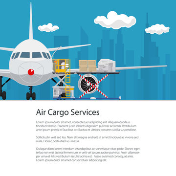 Poster Air Cargo Services and Freight, Airplane with Autoloader at the Airport on the Background of the City and Text , Unloading or Loading of Goods into the Plane , Flyer Brochure Design, Vector