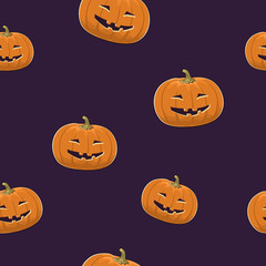 Seamless Pattern of Carved Grinning Scary Halloween Pumpkin, Jack-o-Lantern, Vector Illustration