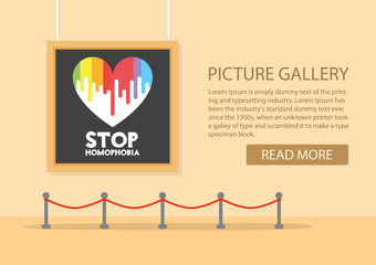art gallery in the museum in flat style a vector.Exhibition of the modern art.Showroom with a painting exposition.Stop Homophobia.International Day Against Homophobia