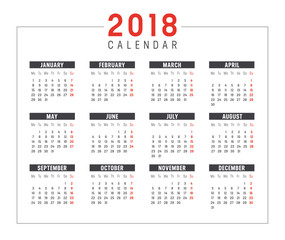 Year 2018 calendar vector template