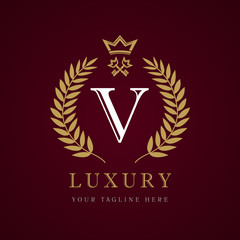 Luxury calligraphic letter V crown key monogram logo. Laurel elegant beautiful identity with crown and key. Vector letter emblem V for Royalty, Property, Restaurant, Boutique, Hotel, Heraldic, Jewelry