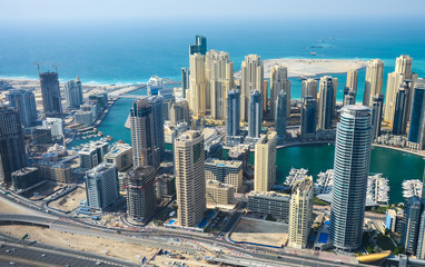 Naklejka na ściany i meble Dubai downtown morning scene. Top view from above