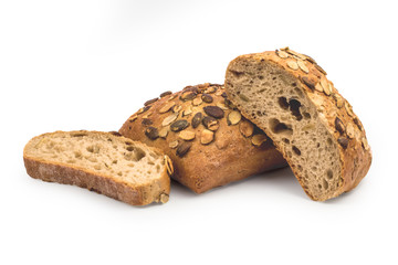 Organic, rustic bread with pumpkin seeds isolated on white background. Clipping path included.