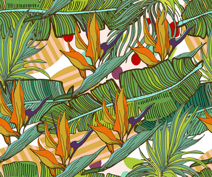 Tropical seamless background. Hand drawn vector cute pattern with banana leaves, exotic flowers, tropical plants,  geometric elements.