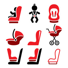 Baby car seat vector icons, toddle car seat - safe child traveling icons 
