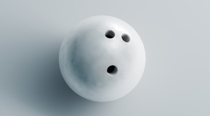 Blank white bowling ball mock up, top view, 3d rendering. Empty bowl game sphere mockup, isolated. Clear leisure sport equipment design template. Plain shiny orb with 3 holes for recreation activity.