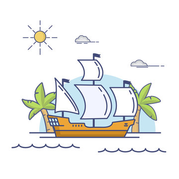Old wooden historical sailing ship.The galleon floating by sea.Tropical sea landscape  palm trees and the vessel.An icon for the websites of travel.Transport sailing sea vessel linear flat a vector