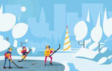 Happy family playing hockey in park in the city. Trees with snow, blue and aqua colors, christmas tree on background. Horizontal vector illustration with winter scene