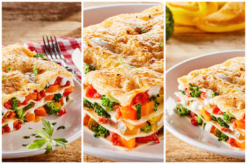 Triptych showing portions of vegetable lasagne