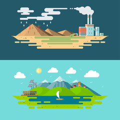 Naklejka premium Ecology, environment, nature pollution, green energy, eco life, emissions, planet conservation concept illustrations in flat design style.