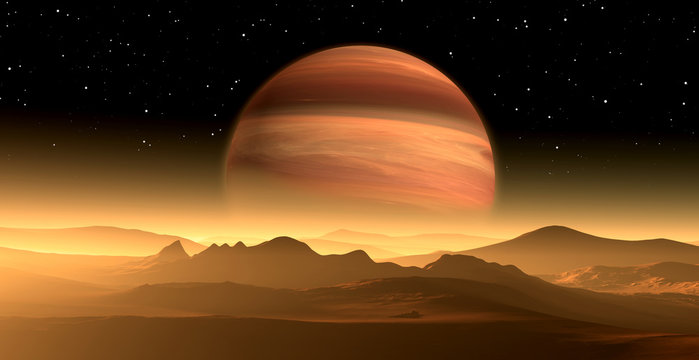 Fototapeta New Exoplanet or Extrasolar gas giant planet similar to Jupiter with moon