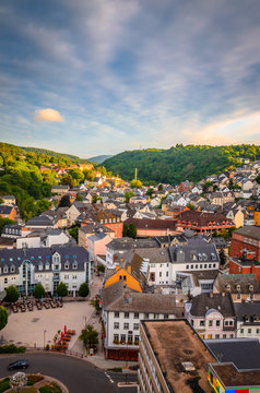 Panoramic aerial view of Idar-Oberstein at sunset, Germany