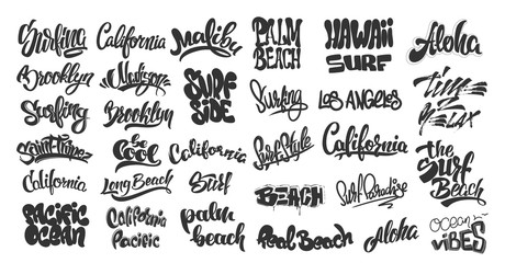 Set of handwritten city names and surf lettering. emblem and badges vector