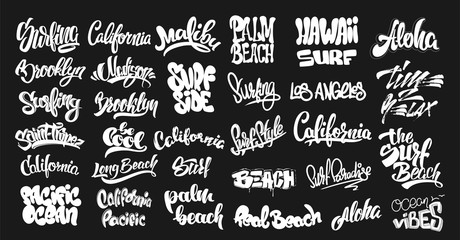 Set of handwritten city names and surf lettering. emblem and badges vector