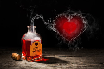 Love potion is red in a bottle. The fragrance of the elixir evaporates and draws from the smoke a heart symbol. Valentine's Day. 3D rendering