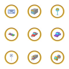 Parking area icons set, cartoon style
