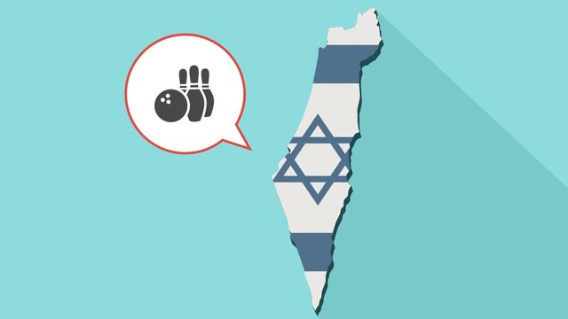 Animation of a long shadow Israel map with its flag and a comic balloon with a bowling game