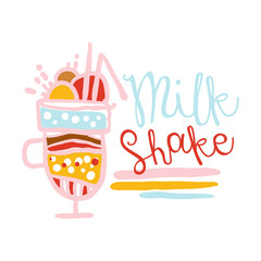Milk shake logo design, badge for restaurant, bar, cafe, menu, sweet shop, colorful hand drawn vector illustration
