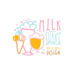 Milk shake logo original design, element for restaurant, bar, cafe, menu, sweet shop, colorful hand drawn vector illustration