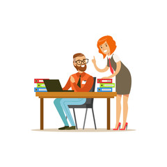 Сolleagues working together in the office, engineer system IT administrator helping woman with her PC vector illustration