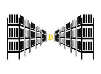 Mining farm. Extraction of Cryptocurrency. Stand gpu. Technology for obtaining bitcoin and etherium. data center. Vector illustration