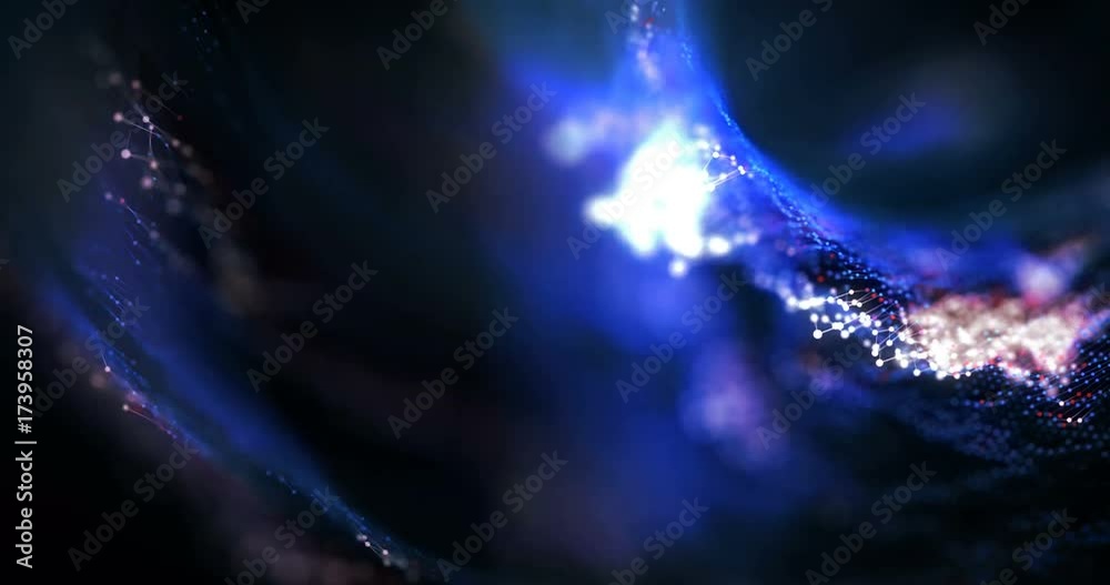 Poster 4k animated background loop with audio elements. 3d abstract digital wave of glowing particles and w