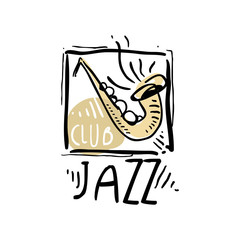Jazz logo design, vintage music label, element for flyer, card, leaflet or banner, hand drawn vector Illustration