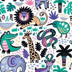 Fashion safari seamless pattern with jungle animals in vector © penguin_house
