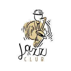 Jazz club logo, vintage music label, element for flyer, card, leaflet or banner, hand drawn vector Illustration