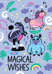 Adorable print in the childish style with unicorn, yeti, dino