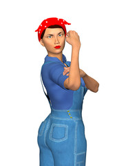 Eine Frau in Arbeitskleidung in “Ja wir können“ Pose.